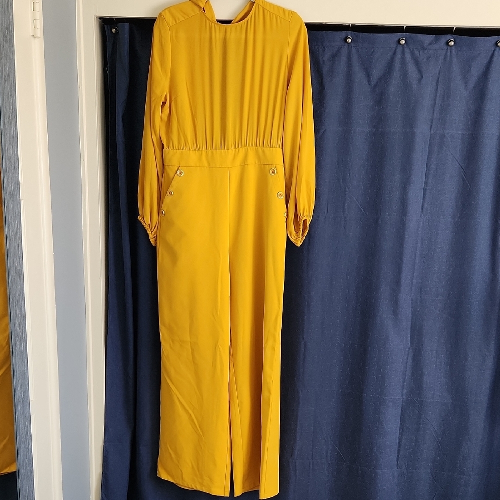 Mustard Yellow Bishop Sleeve High-Low Jump suit.